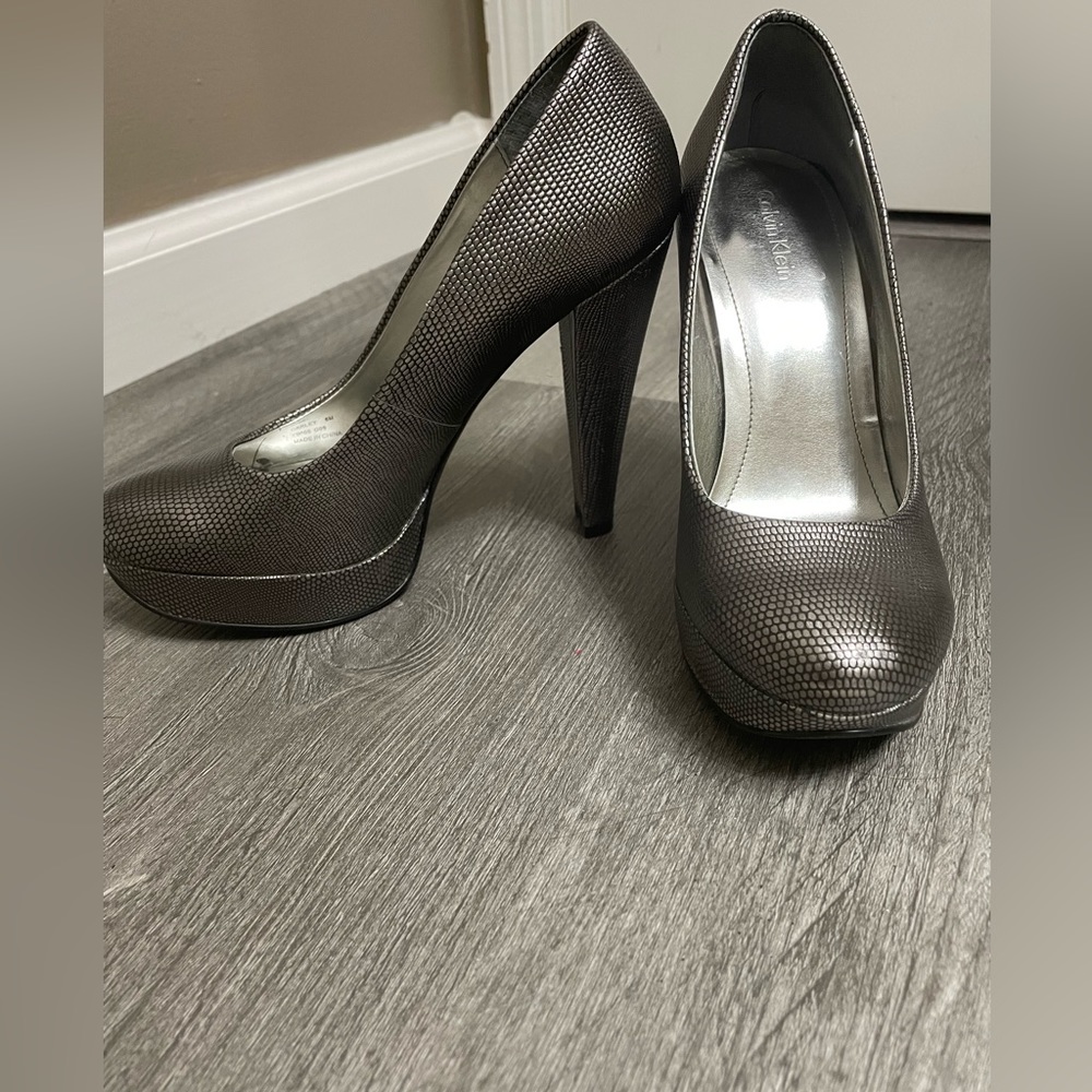 Calvin Klein Carley Silver Snakeskin metallic heel